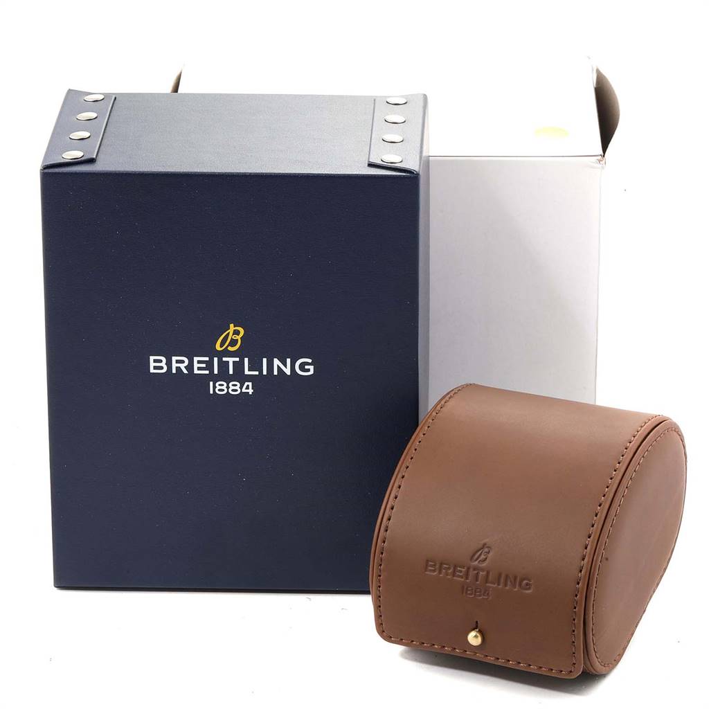 The image shows the packaging box and leather travel case for a Breitling Chronomat B13356 Men's Steel and Gold (two tone) Black Dial B13356 Men's Steel and Gold (two tone) Black Dial watch.