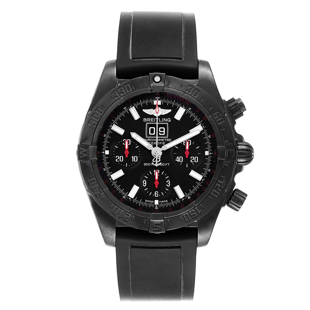 This image shows a front view of the Breitling Chronomat M44359 Men's Stainless Steel Black Dial M44359 Men's Stainless Steel Black Dial watch, including the dial, bezel, and strap.