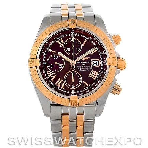 The image shows a front view of the Breitling Chronomat C1335611/K515-TT Men
s Stainless Steel Burgundy Dial C1335611/K515-TT Men
s Stainless Steel Burgundy Dial watch, displaying its dial, bezel, bracelet, and chronograph subdials.
