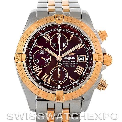 The image shows the front view of a Breitling Chronomat C1335611/K515-TT Men
s Stainless Steel Burgundy Dial C1335611/K515-TT Men
s Stainless Steel Burgundy Dial watch, displaying its bezel, dial, subdials, and bracelet.