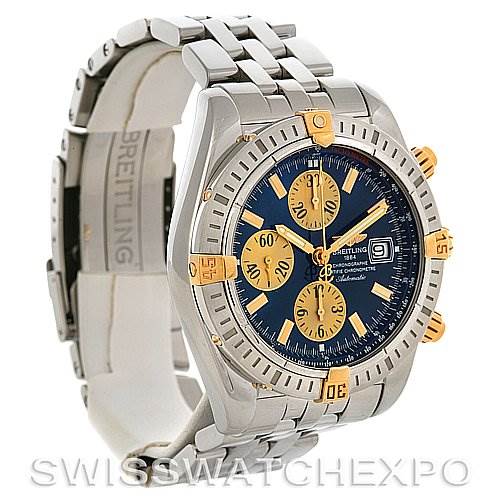 The image shows a Breitling Chronomat B1335611 Men's Steel and Gold (two tone) Blue Dial B1335611 Men's Steel and Gold (two tone) Blue Dial watch at a side angle, highlighting its stainless steel and gold case, bracelet, and dial.
