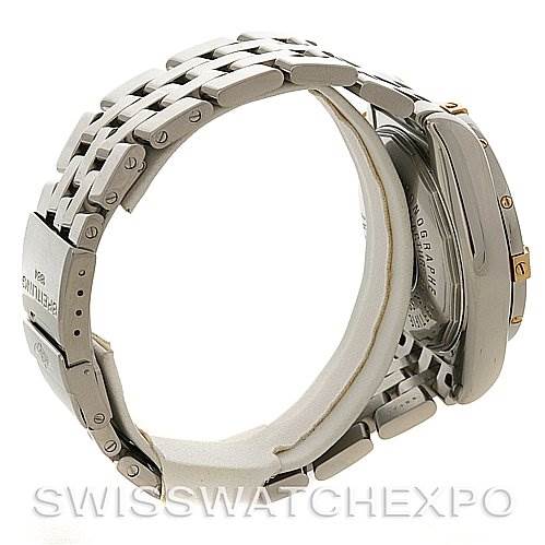 The image shows a side view of a Breitling Chronomat B1335611 Men's Steel and Gold (two tone) Blue Dial B1335611 Men's Steel and Gold (two tone) Blue Dial watch, highlighting its stainless steel bracelet and closed clasp.