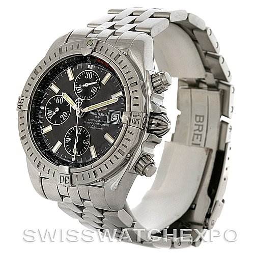 The photo shows the Breitling Chronomat A1335611/F517 Men's Stainless Steel Grey Dial A1335611/F517 Men's Stainless Steel Grey Dial watch at an angle, revealing the face, bezel, crown, and wristband.