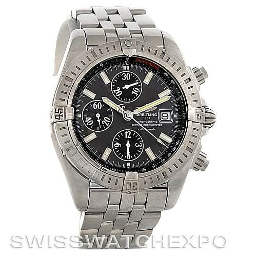 This image shows a frontal view of a Breitling Chronomat A1335611/F517 Men's Stainless Steel Grey Dial A1335611/F517 Men's Stainless Steel Grey Dial watch, highlighting its dial, bezel, and bracelet.