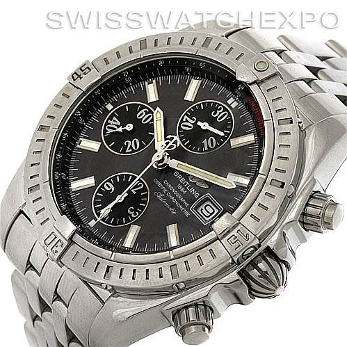 The image shows a Breitling Chronomat A1335611/F517 Men's Stainless Steel Grey Dial A1335611/F517 Men's Stainless Steel Grey Dial watch at an angled view, highlighting the dial, bezel, chronograph subdials, and bracelet.