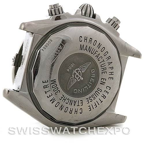 The image shows the case back of a Breitling Chronomat A1335611/F517 Men's Stainless Steel Grey Dial A1335611/F517 Men's Stainless Steel Grey Dial watch, highlighting inscriptions and chronograph details.