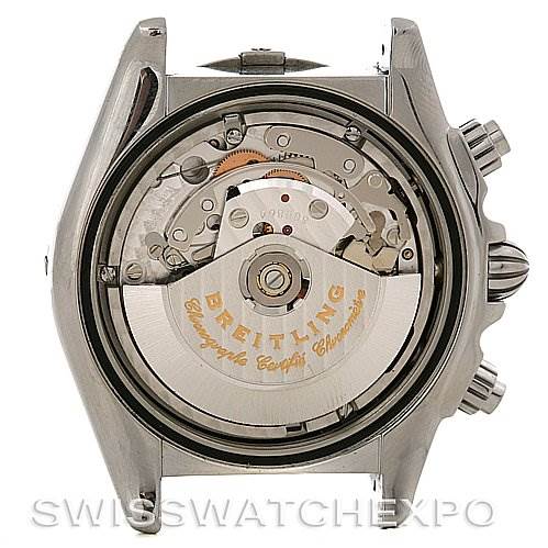 The image shows the backside of a Breitling Chronomat A1335611/F517 Men's Stainless Steel Grey Dial A1335611/F517 Men's Stainless Steel Grey Dial watch, focusing on its exposed mechanical movement and inner components.