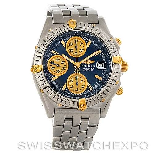 This image shows a frontal view of a Breitling Chronomat B13050.1 Men's Steel and Gold (two tone) Blue Dial B13050.1 Men's Steel and Gold (two tone) Blue Dial watch displaying its face, bezel, and bracelet.