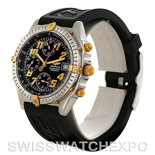 The image shows a Breitling Chronomat B13350 Men's Steel and Gold (two tone) Black Dial B13350 Men's Steel and Gold (two tone) Black Dial watch at a side angle, highlighting the face, bezel, crown, and pushers.