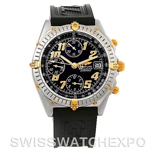 This image shows a front view of the Breitling Chronomat B13350 Men's Steel and Gold (two tone) Black Dial B13350 Men's Steel and Gold (two tone) Black Dial watch, highlighting its dial, bezel, pushers, and rubber strap.