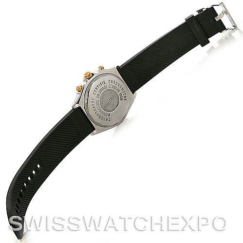 This image shows the back view of a Breitling Chronomat B13350 Men's Steel and Gold (two tone) Black Dial B13350 Men's Steel and Gold (two tone) Black Dial watch, featuring its case back and black strap.