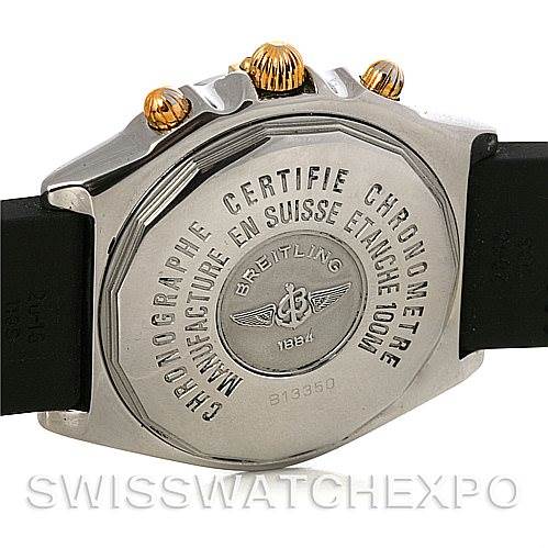 The image shows the back case and side view of a Breitling Chronomat B13350 Men's Steel and Gold (two tone) Black Dial B13350 Men's Steel and Gold (two tone) Black Dial watch, highlighting the engraved details and pushers.