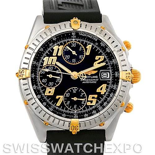 The image shows a frontal view of a Breitling Chronomat B13350 Men's Steel and Gold (two tone) Black Dial B13350 Men's Steel and Gold (two tone) Black Dial watch, highlighting its black dial, gold accents, and rubber strap.