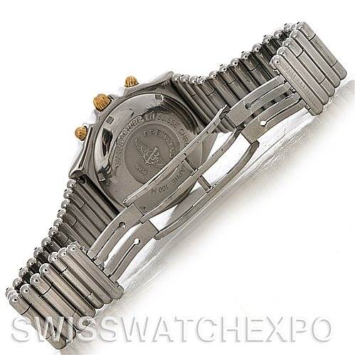 The image shows the deployment clasp and back of a Breitling Chronomat B13050 Men's Steel and Gold (two tone) White Dial B13050 Men's Steel and Gold (two tone) White Dial watch, highlighting the case back and stainless steel bracelet.