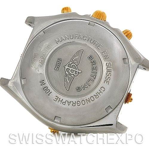 The image shows the case back and side view of the Breitling Chronomat B13050 Men's Steel and Gold (two tone) White Dial B13050 Men's Steel and Gold (two tone) White Dial watch, highlighting the engraved back and gold chronograph pushers.