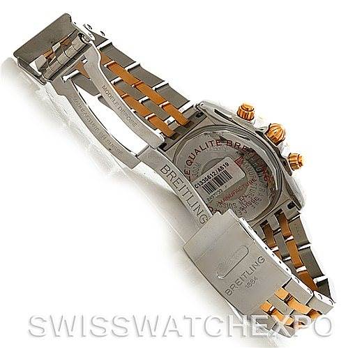 This image shows the back, clasp, and part of the bracelet of the Breitling Chronomat C13356 Men's Steel and Gold (two tone) White Dial C13356 Men's Steel and Gold (two tone) White Dial watch, highlighting its two-tone design and branding.