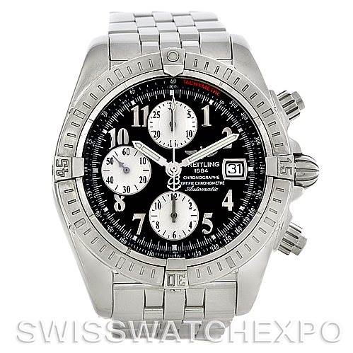 This image shows a front view of the Breitling Chronomat A13356 Men's Stainless Steel Black Dial A13356 Men's Stainless Steel Black Dial watch, highlighting its dial, bezel, and stainless steel bracelet.