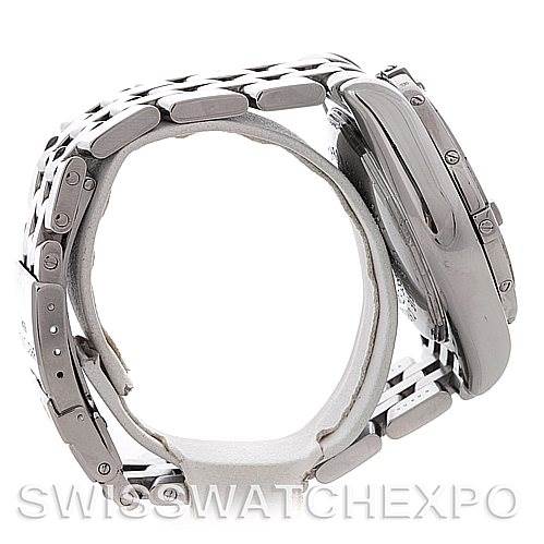 The image shows a side view of the Breitling Chronomat A13356 Men's Stainless Steel Black Dial A13356 Men's Stainless Steel Black Dial watch highlighting its case and bracelet.