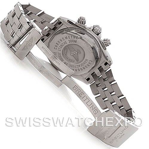 This image shows the back case and open clasp of a Breitling Chronomat A13356 Men's Stainless Steel Black Dial A13356 Men's Stainless Steel Black Dial watch, featuring inscriptions and stainless steel detailing.