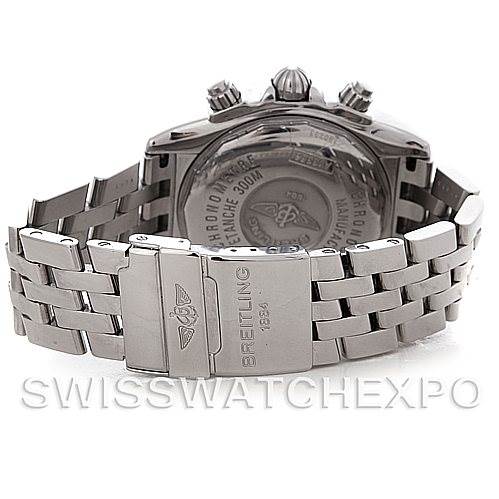 The image shows the backside of the Breitling Chronomat A13356 Men's Stainless Steel Black Dial A13356 Men's Stainless Steel Black Dial watch, highlighting the clasp, bracelet, and case back details.