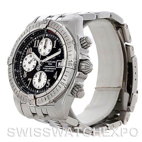 The image shows a side and front angle of a Breitling Chronomat A13356 Men's Stainless Steel Black Dial A13356 Men's Stainless Steel Black Dial watch, highlighting its bezel, dial, crown, and bracelet.