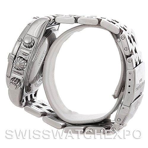 This side view of the Breitling Chronomat A13356 Men's Stainless Steel Black Dial A13356 Men's Stainless Steel Black Dial watch shows the case, crown, pushers, and stainless steel bracelet.