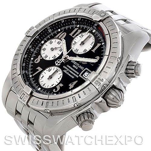 The image shows a three-quarter view of a Breitling Chronomat A13356 Men's Stainless Steel Black Dial A13356 Men's Stainless Steel Black Dial watch, highlighting the dial, bezel, chronograph subdials, and metal bracelet.