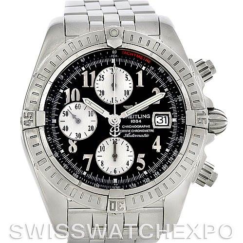 This image shows a front view of a Breitling Chronomat A13356 Men's Stainless Steel Black Dial A13356 Men's Stainless Steel Black Dial watch, showcasing its dial, subdials, date window, and stainless steel bracelet.