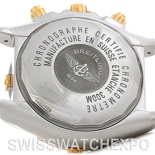 The image shows the back case of a Breitling Chronomat B13356 Men's Steel and Gold (two tone) Black Dial B13356 Men's Steel and Gold (two tone) Black Dial watch, displaying text and logos.