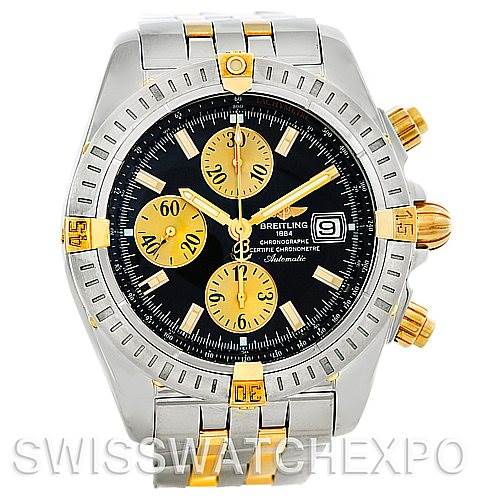 This image shows a front view of the Breitling Chronomat B13356 Men's Steel and Gold (two tone) Black Dial B13356 Men's Steel and Gold (two tone) Black Dial watch, displaying its dial, bezel, and pushers.