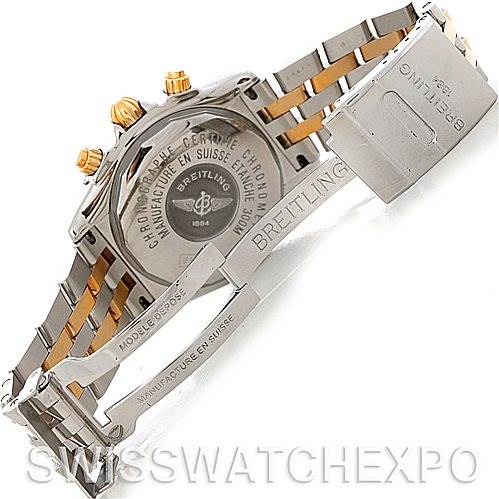 This image shows the back of a Breitling Chronomat B13356 Men's Steel and Gold (two tone) Black Dial B13356 Men's Steel and Gold (two tone) Black Dial watch, highlighting the bracelet and deployment clasp.