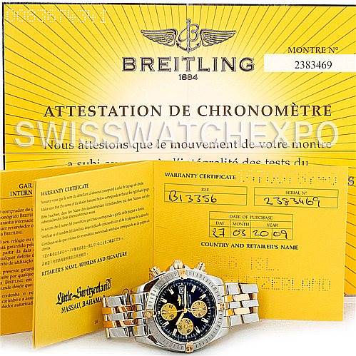The image shows a Breitling Chronomat B13356 Men's Steel and Gold (two tone) Black Dial B13356 Men's Steel and Gold (two tone) Black Dial watch lying flat in front of its warranty certificate and chronometer attestation documents.