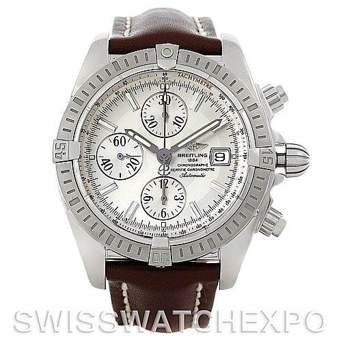 This is a frontal view of the Breitling Chronomat A13356 Men's Stainless Steel Silver Dial A13356 Men's Stainless Steel Silver Dial watch, showcasing the dial, bezel, sub-dials, and leather strap.