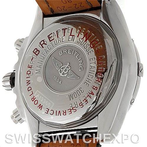 The image shows the back case of a Breitling Chronomat A13356 Men's Stainless Steel Silver Dial A13356 Men's Stainless Steel Silver Dial watch, including branding and engraving details.