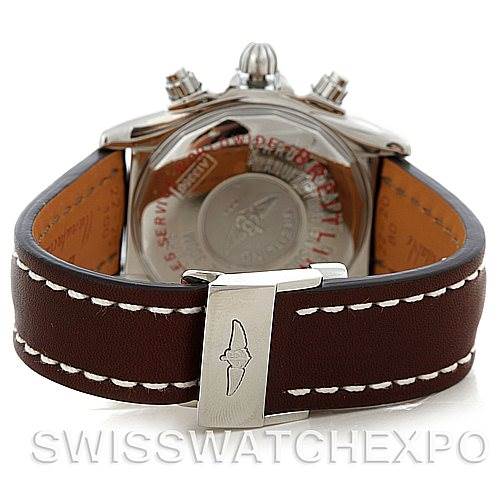 This image shows the back view of a Breitling Chronomat A13356 Men's Stainless Steel Silver Dial A13356 Men's Stainless Steel Silver Dial watch, focusing on the clasp, strap, and case back.