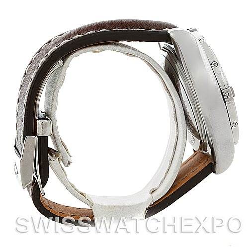 This side view of the Breitling Chronomat A13356 Men's Stainless Steel Silver Dial A13356 Men's Stainless Steel Silver Dial watch displays the case, crown, pushers, and leather strap.