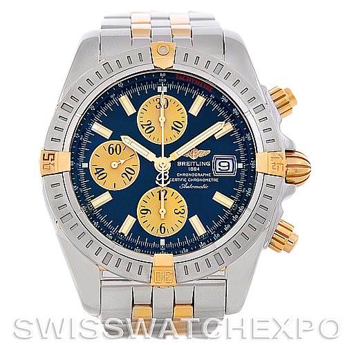 The image shows a front view of a Breitling Chronomat B13356 Men's Steel and Gold (two tone) Blue Dial B13356 Men's Steel and Gold (two tone) Blue Dial watch, highlighting its dial, chronograph subdials, bezel, and bracelet.
