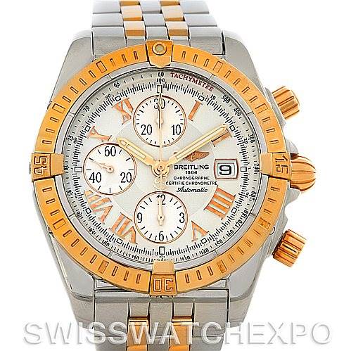 This image shows a front view of the Breitling Chronomat C13356 Men
s Steel and Gold (two tone) White Dial C13356 Men
s Steel and Gold (two tone) White Dial watch, highlighting its face, bezel, subdials, and metal bracelet.