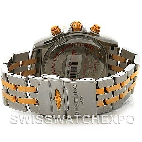 The image shows the back view of a Breitling Chronomat C13356 Men
s Steel and Gold (two tone) White Dial C13356 Men
s Steel and Gold (two tone) White Dial watch, focusing on the case back, bracelet, and the clasp.