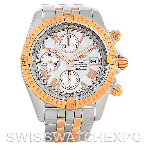 This image shows a front view of a Breitling Chronomat C13356 Men's Steel and Gold (two tone) White Dial C13356 Men's Steel and Gold (two tone) White Dial watch, highlighting its two-tone bracelet, dial, and side buttons.