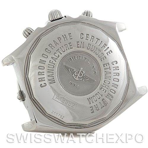 The image shows the back case and chronograph pushers of a Breitling Chronomat A13352 Men's Stainless Steel Blue Dial A13352 Men's Stainless Steel Blue Dial watch.