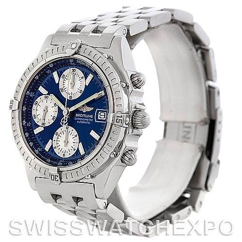 This image shows a Breitling Chronomat A13352 Men's Stainless Steel Blue Dial A13352 Men's Stainless Steel Blue Dial watch from a front and right side angle, detailing its face, bezel, crown, pushers, and metal band.