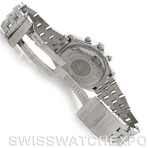 The image shows the backside and bracelet of a Breitling Chronomat A13352 Men's Stainless Steel Blue Dial A13352 Men's Stainless Steel Blue Dial watch at an oblique angle, highlighting the clasp and case back.