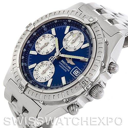 The image shows a front and slightly angled view of a Breitling Chronomat A13352 Men's Stainless Steel Blue Dial A13352 Men's Stainless Steel Blue Dial watch, highlighting the dial, bezel, crown, and pushers.