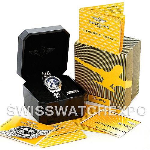 The image shows a Breitling Chronomat A13352 Men's Stainless Steel Blue Dial A13352 Men's Stainless Steel Blue Dial watch in an open display box, surrounded by warranty cards and instruction booklets.