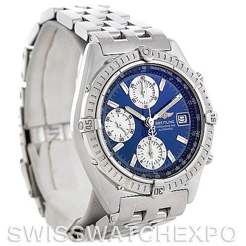 The image shows a frontal view of a Breitling Chronomat A13352 Men's Stainless Steel Blue Dial A13352 Men's Stainless Steel Blue Dial watch, highlighting its blue dial, three subdials, and stainless steel bracelet.