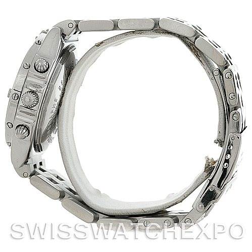 This image shows a side view of a Breitling Chronomat A13352 Men's Stainless Steel Blue Dial A13352 Men's Stainless Steel Blue Dial watch, highlighting its case, crown, and bracelet.