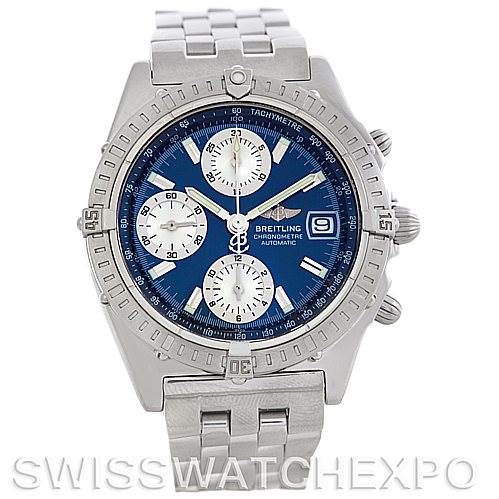 The image shows a front view of a Breitling Chronomat A13352 Men's Stainless Steel Blue Dial A13352 Men's Stainless Steel Blue Dial watch, displaying its blue dial, subdials, date window, and stainless steel bracelet.