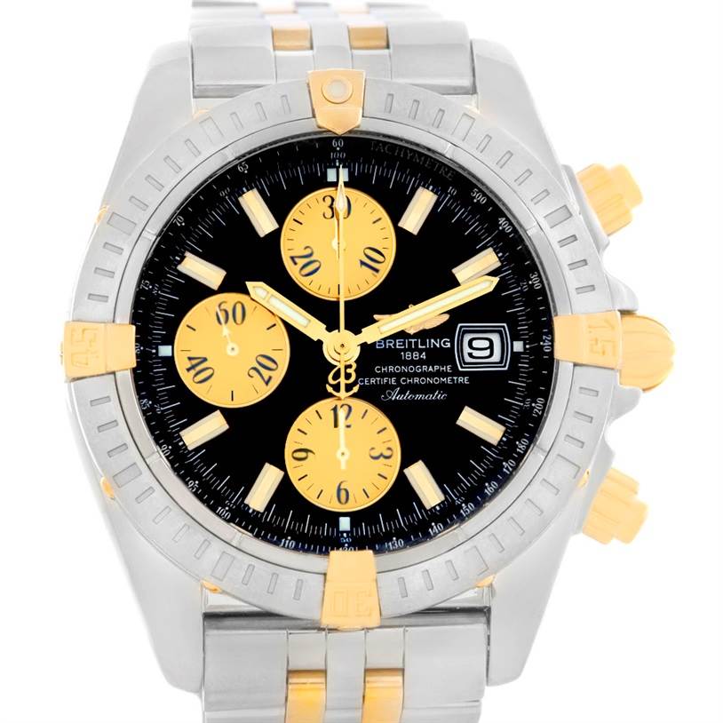The image shows a front view of a Breitling Chronomat B13356 Men's Steel and Gold (two tone) Black Dial B13356 Men's Steel and Gold (two tone) Black Dial watch, highlighting its dial, bezel, sub-dials, and bracelet.