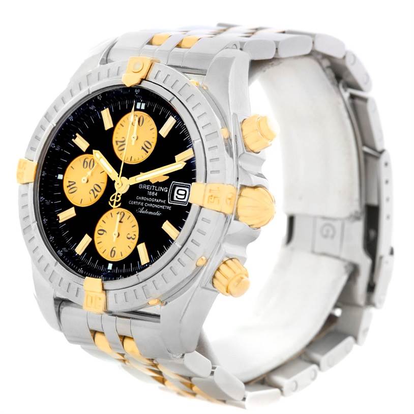 The Breitling Chronomat B13356 Men's Steel and Gold (two tone) Black Dial B13356 Men's Steel and Gold (two tone) Black Dial watch is shown at a three-quarter angle, highlighting the dial, bezel, chrono-pushers, and bracelet.